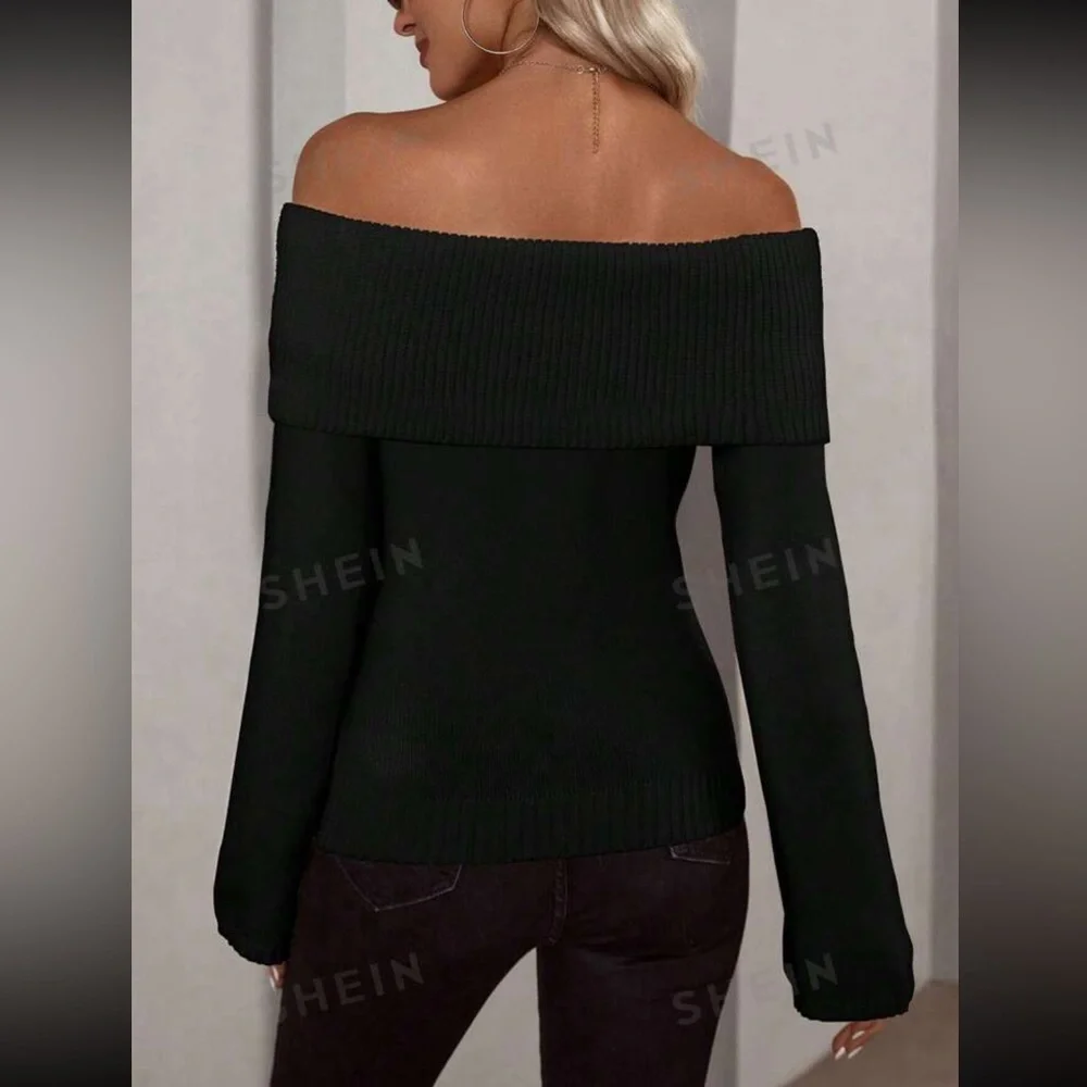 Off Shoulder Foldover Ribbed Knit Sweater - Picture 2 of 8